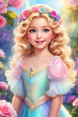 Adorable digital painting of a beautiful little girl in a gorgeous rainbow princess dress, portrait of Elsa, sparkling crown, front view, beautiful smile, shiny golden curly hair, angel eyes, beautiful face, rosy cheeks, pink lips, Elsa face, digital art, surrounded by paradise garden and roses in the background, romantic style, pastel world, high quality, 4k