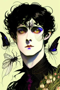black haired young Victorian man fairy with insect wings like a fly, and insect eyes wizard in the style of Harry Clarke