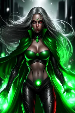 super hero woman, big body, good body, good ass, green long hair, lighting plasma on hands and eyes, black and silver costume, rude mode, cape, splashed for blood, high quality details, intrincate details, street and moon background.