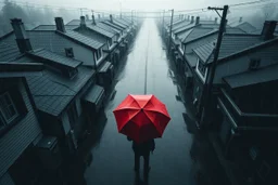 top-down view of a grayscale wet city street with houses, rain, dark human siluette with red umbrella, surreal style, dark mood