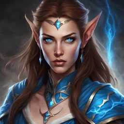 Generate a dungeons and dragons character portrait of a female high elf wizard with beautiful brown hair and piercing blue eyes. She looks very powerful and threatening. She wears an elvish magical robes