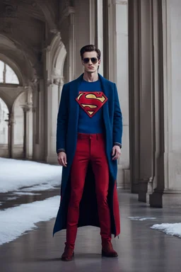 A guy on a winter fashion runway with moderna clothes inspired by Superman style, embroidery elegante fashion