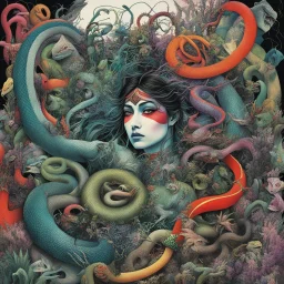 [Shattered Image by multiple bands of collage, distorted colours, double exposed] Surpanakha's vengeance knows no bounds, surrounded by all type of curvy, Wired and Twisted creatures: snakes, worms, vines, creepers