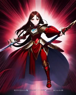 full body picture of a young woman with long brown hair, fantasy, dark, wearing black and red leather fantasy armor, evil, red eyes, smirk, confident, arrogant, anime, high resolution, hi res, detailed, intricate, fighting, warrior, detailed background, 8k resolution