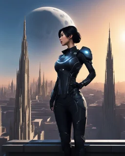 A slim Woman With Black Hair, Wearing an android-looking suit, standing sideways On a ledge of a building, with a waning moon Behind Her Head, towering spires and buildings highlighted by the setting sun