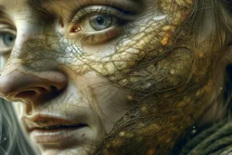 Close up portrait, Grunge, woman as a decaying dried out Pear intricately showing its internal structure and seeds, cyberpunk, ultra unique natural textures, slight imperfections, vray. Modifiers: fantasy intricate dynamic lighting fantastic view hyperrealistic Unreal Engine matte background cinematic postprocessing VRay acrylic art pencil sketch creepy art station Gustave Klimt wet on wet watercolor Double exposure wet on wet Craig Rutkowski intricate fantasy