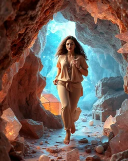 make a picture pretty crystal cave covered with jwells and 3d recursive cubic and sphere base pearls and Gemstone species, a beautiful goddess lady with curvy hair,makeup, in pretty modern today pants and loose shirt with jewels is running inside cave ,dynamic camera fallow her inside cave capturing full body, dynamic lights.