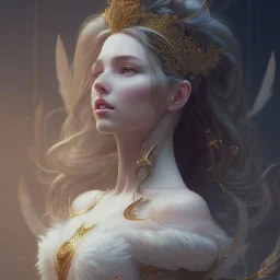 hyper 16K detailed picture, gorgeous snow white princess with and feathers, . Full length portrait, 16k concept art by Greg Rutkowski, Artgerm, WLOP, Alphonse Mucha, dynamic lighting, hyper detail, intricately detailed art, Artstation process color trends, Unreal Engine 5 volumetric lighting.