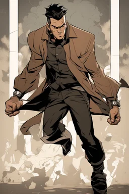 Create the An image of a man drawn in a dynamic style that captures the essence of animation and motion. The artwork showcases the technical and aesthetic details that make it stand out. The character's traits are prominent, and the black color dominates the character, creating a sense of depth and density. The brown background contrasts with the character's features, making them more visible. The character's eye is especially captivating, as it reveals the fine details of the illustration. The