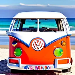 old Volkswagen partyvan, funny colored, partyvan on the beach, sunny beach, sunny weather