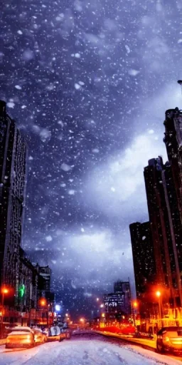 City at night with dark clouds and falling snow