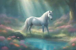 An_enchanted_forest_glade_bathed_in_soft,_dappled_sunlight,_with_a_graceful_unicorn with a slender head_._The body is fine and the head is slender The_scene_is_in a wonderful field of flowers. there are butterflies and sparks of light everywhere. There is a turquoise river.