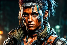 create a full body hyper realistic 3d, 8k portrait of a raggedly dressed, post apocalyptic, female biopunk scavenger , with highly detailed and deeply cut facial features, searing lines and forceful strokes, precisely drawn, boldly inked, with gritty textures, vibrant colors, dramatic otherworldly lighting