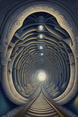 Then it comes to be that the soothing light at the end of your tunnel Was just a freight train coming your way; intricately detailed surreal optical art, award-winning,