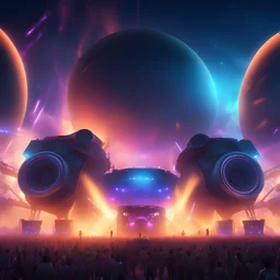 super tech rave outdoors on an alternative planet, massive party with giant speakers and millions of people dancing, people enjoy dancing, big stage with modernized shape with a dj playing music, high volume, two suns in the sky, stars, cinematic light, disco lights, spot lights, photorealistic, 8k, hd
