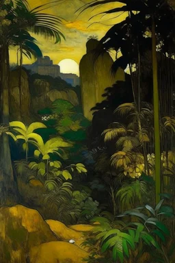 A dark gold rainforest near a big city high rise buildings surrounded with rocks, painted by Paul Gauguin
