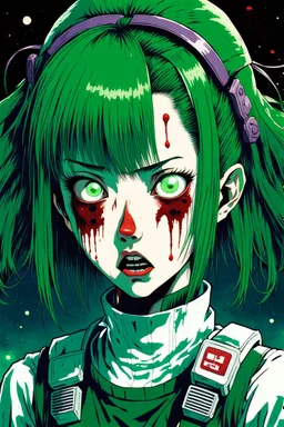 90s anime sci fi green hair space Captain girl blood on face scared, rattled and shook, violent atmosphere, retro manga style, hyper detailed, Japanese horror, junji ito,