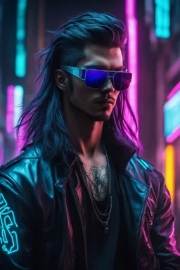 male cyberpunk solo with long hair, korean, Wearing Urban Gang Flash and mirrored dark sunglasses, suave, strong, black tatoo, attrakvtive man, Retroanime, rembradt lighting, neon complementary colors, dark vibe, scifi