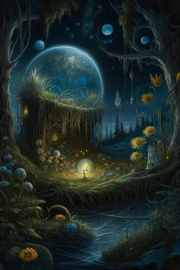 Hyperrealism against the background of a deserted blue planet in space in a fantastic forest with a bonfire +mirror portal with a whirlpool of water +ritual +candles+ dried flowers+wildflowers+moss++flower decoupage+embroidery technique+braided beads+ vine + moonlit night, fabulous landscape, surrealism, realism, naturalism, dot technique, microdetalization, high detail of objects, digital illustration, volumetric clarity, dark fantasy, dark botanical