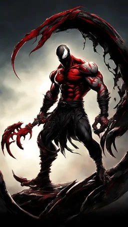 Venom symbiote with kratos red tattoos and Clothes, holding blade of choice