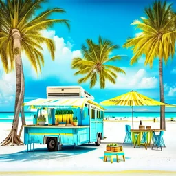A wonderful palm beach on an exotic tropical island, white sand, crystal blue water, a wooden dock with green, yellow and blue wooden chairs, a food truck