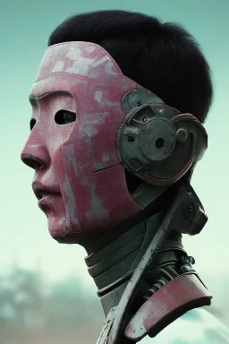 japan head portrait, warrior armor , village, meditation, woods, galaxy sky, 8k quality , portrait,beautiful robotic ,ghost in the shell , post-apocalyptic in a cyberpunk city, realistic, intriacte detail, sci-fi fantasy style, volumetric lighting,24mm , particales,highly detailed,cinematic, deep purple , green eyes .