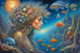 Names decorated with stars and planets Trees and imaginative underwater views, ornamental fish and coral perfect anatomy, fantasy, vibrant digital art professional award winning masterpiece, oil on canvas Atmospheric extremely detailed Josephine Wall