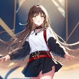 Clear focus, High resolution, rough line art, cute, cartoon, long greyish brown hair, fluffy, long bangs, wearing a white shirt with two grey lines going down, wearing a red belt with a yellow chain on the belt, wearing a black skirt with yellow dots going around it, black sleeves with a yellow strap on each arm