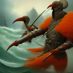 an ibis warrior in orange and green full battle armor, a highly detailed illustration, background of giant crashing ocean waves, realistic render, 8 k, micro detail, intricate, elegant, centered, digital painting, Artstation, smooth, sharp focus, illustration, artgerm, tomasz alen kopera, peter mohrbacher, donato giancola, joseph christian leyendecker, wlop, boris vallejo