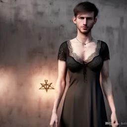 Realistic photo short hair boyish boylike (boyish face) beautiful cleavage lace neckline (short mens haircut) (thin waist) (wide hips) lacy nightgown the room of black magic with amulets of evil forces and symbols of black magic on the walls