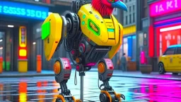 CHICKEN robot, sci-fi, cyberpunk, full body, ultra realistic, virtual reality, cyberpunk city and colors