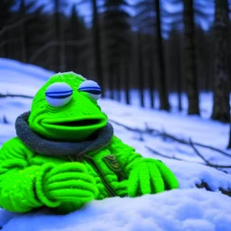 pepe the frog in the chilling on the winter camping in cold Siberian forest