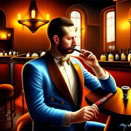 painting of a man with a cigar, sitting in a bar, highly detailed