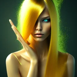 glass of liquid, face lift, book cover, long yellow shiny hair