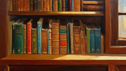 Realistic oil painting of a shelf filled with books, intricate details on book spines and textures, warm lighting from a nearby window, by Jan van Eyck and Paul Cézanne, (close-up shot), rich colors and textures, classic still life composition.