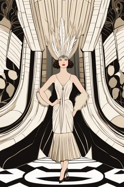 a woman with feathers in an Art Deco foyer