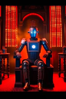 portrait of tron robot holding lotsa phones chatbot smoking a sigar on a throne in medieval castle, smoke, 4k, downlight, soft light, depth of field, photorealism