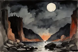 Night, mountains, rocks, gothic horror films influence, fantasy, winslow homer watercolor paintings