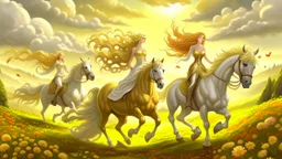 Fantasy digital art: fairies with golden hair, and white dresses descend from fluffy clouds towards a meadow with brown horses