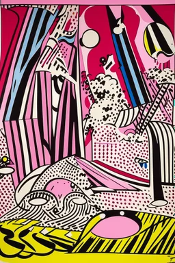 A pink magical circus with runes painted by Roy Lichtenstein