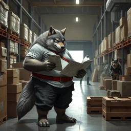 a fat anthropomorphic wolf-man wearing t-shirt pants and red belt around his waist looking at several item lists in his paws in a large warehouse, around some boxes and wooden crate, an another anthropomorphic wolf-man just half visible in the doorway as he looks at him, detailed, realistic, sci-fi, anthro mood, fantasy