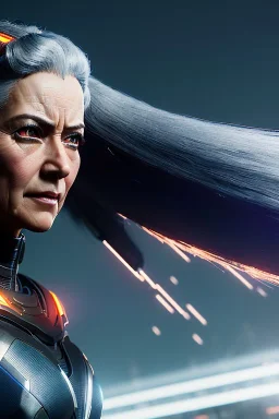 Middle age female Cyborg anime warrior, gray hair with dark blue hair, ponytail hairstyle, orange eyes, waist up portrait,4k resolution, intricate details, ornate details, soft lighting, vibrant colors, retroanime, masterpiece, intricate eyeliner, dark eyeshadow, futuristic cityscape background