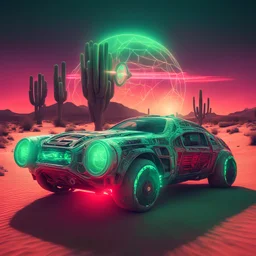 cyborg car in a desert , picture in synth style with red neon sun and bioluminescent green web