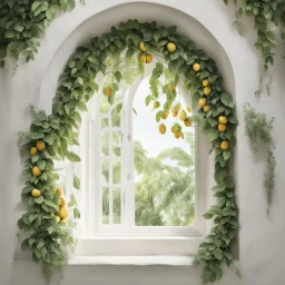 A window in white with an arch decorated with mangoes and light green leaves