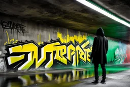 cyberpunk young man siluette in a black hood painted on concrete wall of underpass a young cyberpunk hacker paints a complicated colorful / uppercase all-white graffiti text in text: "WINTERMUTE"; street art, graffiti green-yellow-black triotone, wall painted matte black and yellow and deep red, semi-front view, low angle, daylight, cinematic, dramatic