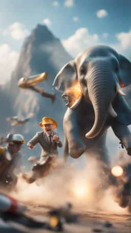 flipper movie poster, close up danger expression, mountains playing saxophone elephant, dolphin police stunt man explosion and fall, smoke and blitz, bokeh like f/0.8, tilt-shift lens 8k, high detail, smooth render, down-light, unreal engine, prize winning