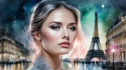 woman, Paris, night, watercolor, glow, transparency, lumen, professional photo, 3d, 64k, high resolution, high detail, computer graphics, hyperrealism, f/16, 1/300 s. digital painting, double exposure, colors: white, silver, gold, gray, delicate pink, delicate green, blue, photorealistic painting, tenderness, torn edges, cracks,