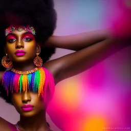 full body shot, masterpiece, best quality, family of three, dark skinned, sparkling eyes, fluorescent skin, colorful makeup, afro, highly detailed body, sun light, 4K, RAW, depth of field, high contrast, realistic details, 24mm