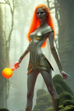 painting of a tall elven young woman with short light orange hair and freckles on the cheak bones and tall body of a topmodel light clothes, full shot, ultra realistic, concept art, intricate details, eerie, highly detailed, photorealistic, octane render, 8 k, unreal engine. art by artgerm and greg rutkowski and charlie bowater and magali villeneuve and alphonse mucha