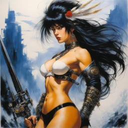 [art by Ralph Steadman] Masamune Shirow style: fantasy oil painting of Standing tall and muscular, her imposing figure was further accentuated by the intricate braids that framed her face, a testament to her skill and artistry even in the midst of battle. Her gaze was steely and unwavering, her large fangs bared in a silent snarl that spoke volumes of the fierce warrior within.